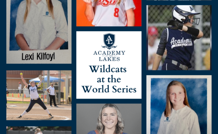 A collage of photos with Lexi and Kendra playing softball at AATL and in college with the words Wildcats at the World Series in the middle