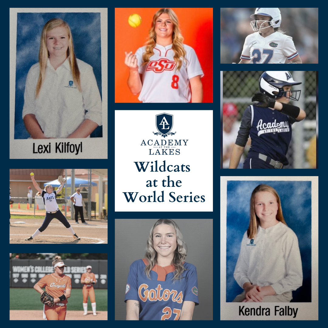 A collage of photos with Lexi and Kendra playing softball at AATL and in college with the words Wildcats at the World Series in the middle