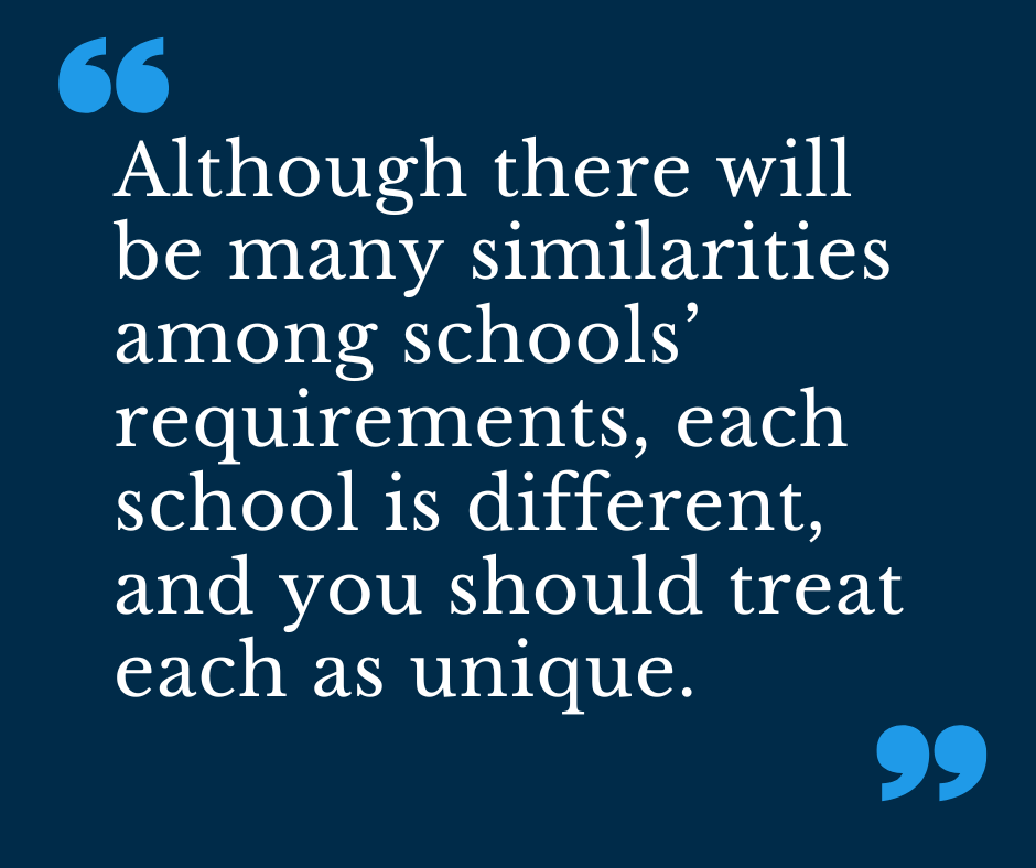 Although there will be many similarities among schools’ requirements, each school is different, and you should treat each as unique.